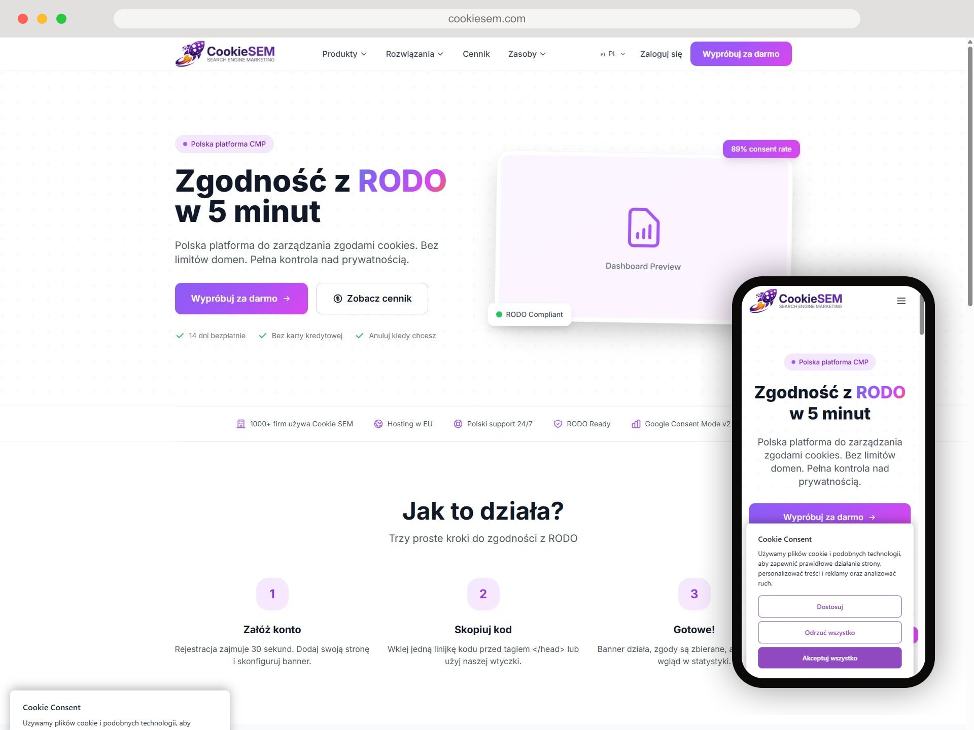 Strona startowa platformy CookieSEM do zarządzania zgodami cookies zgodnie z RODO