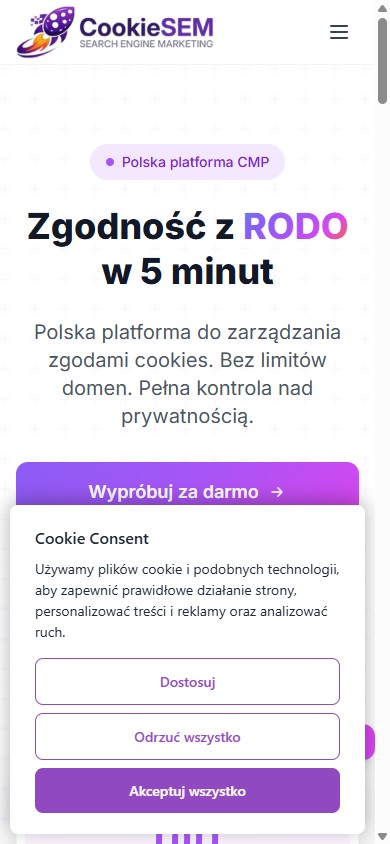 CookieSEM — platforma CMP zgodna z RODO — widok mobile