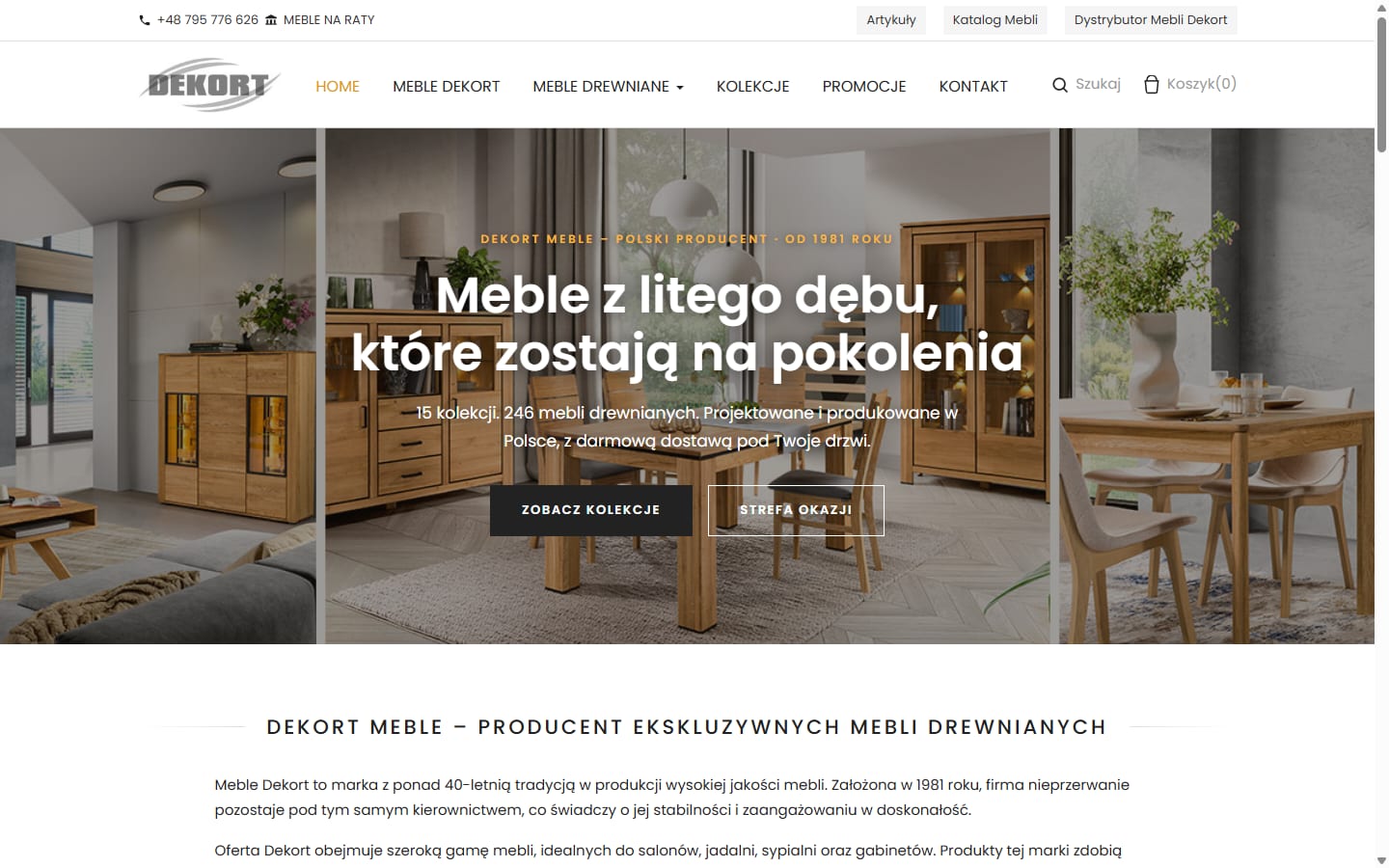 Dekort Meble — sklep producenta mebli z litego dębu — widok desktop