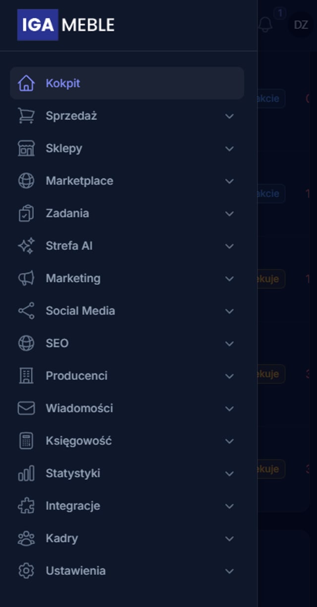 Platforma B2B IGA Meble — panel hurtowy — widok mobile