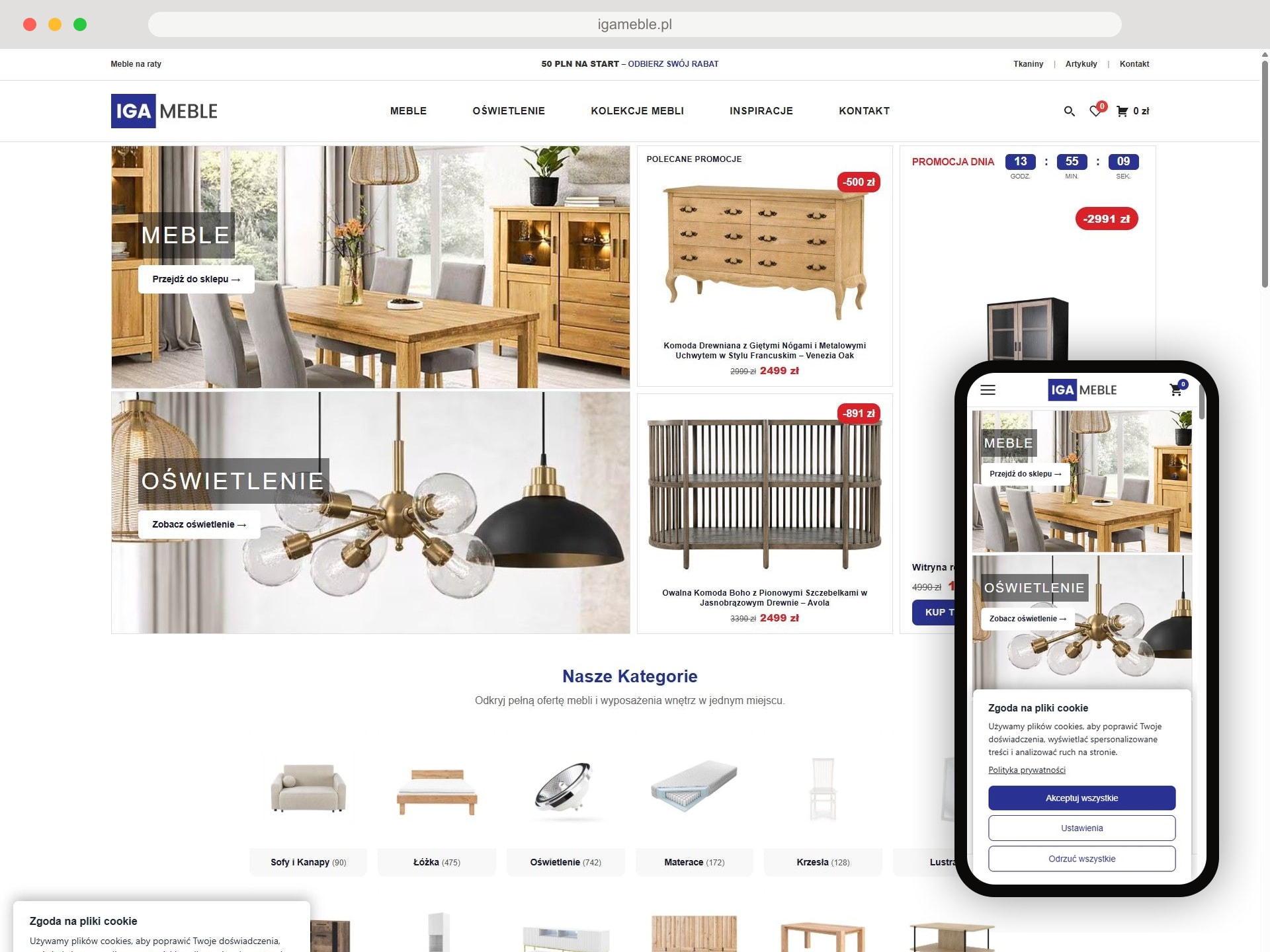 Strona główna sklepu meblowego IGA Meble z promocjami i kategoriami produktów