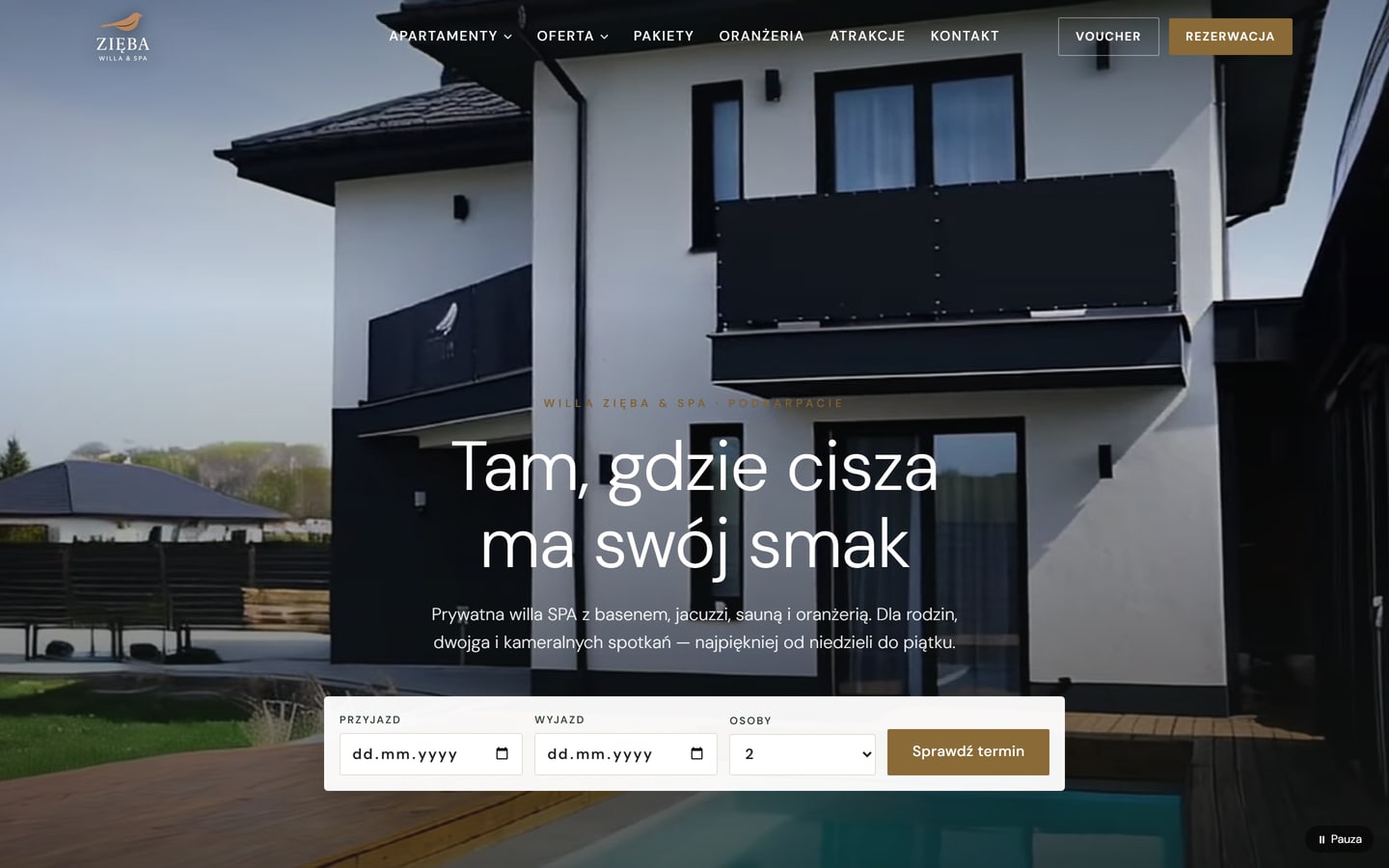 Willa Zięba & SPA — strona wynajmu prywatnej willi SPA — widok desktop