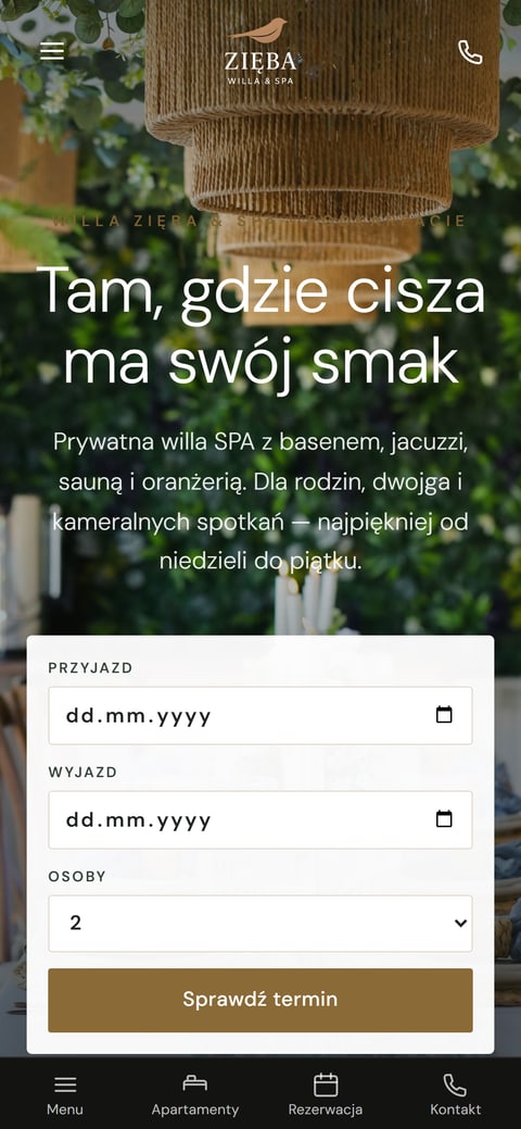 Willa Zięba & SPA — strona wynajmu prywatnej willi SPA — widok mobile